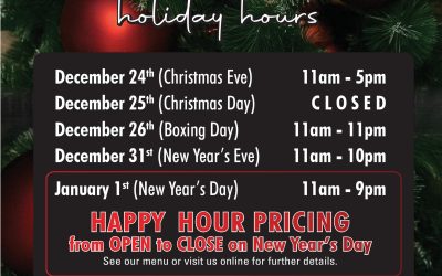 Holiday Hours – Happy Hour open to close new years day
